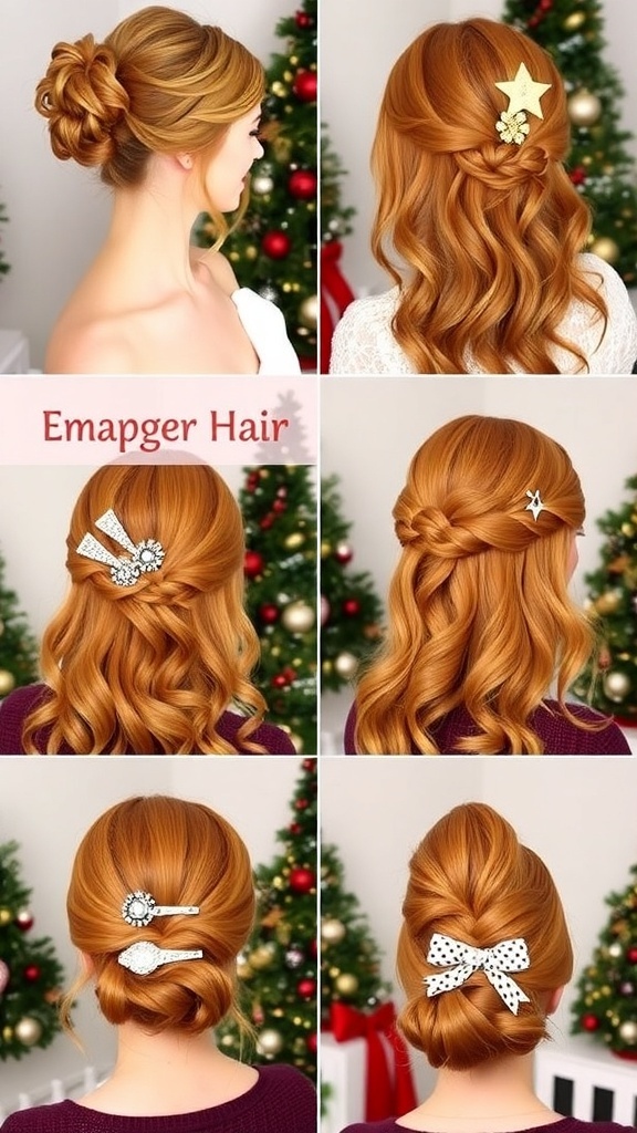 Collage of Christmas hairstyles for ginger hair including updo, waves, braid, and bun with festive accessories.